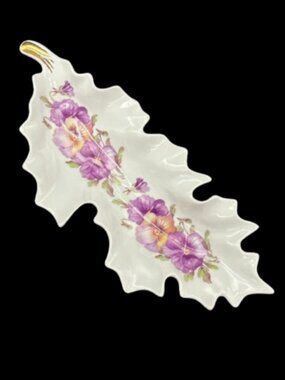 Vintage 1950's Nuremberg Bavaria Germany Purple Pansy Floral Leaf Dish 9.5"